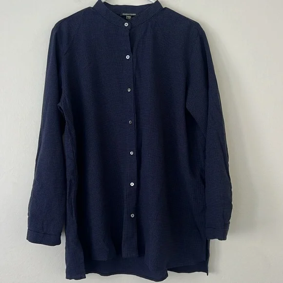 Eileen Fisher Mini Check Crepe Mandarin Collar Top Size Medium Navy and Black - Picture 3 of 6